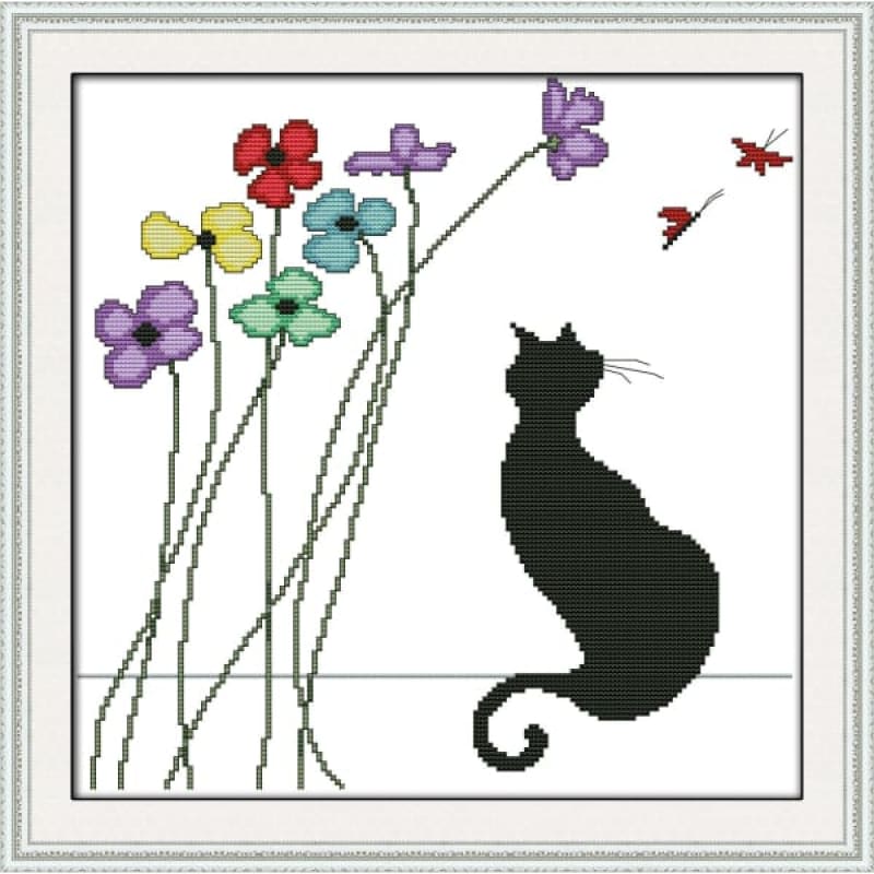 Black cat and flowers
