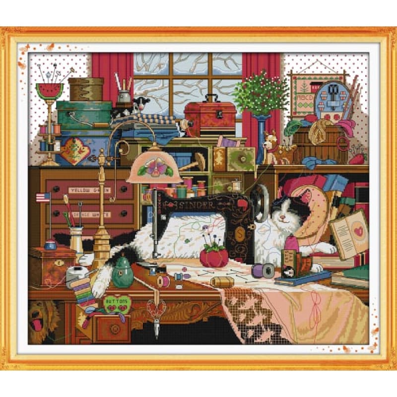 The cat and sewing machine